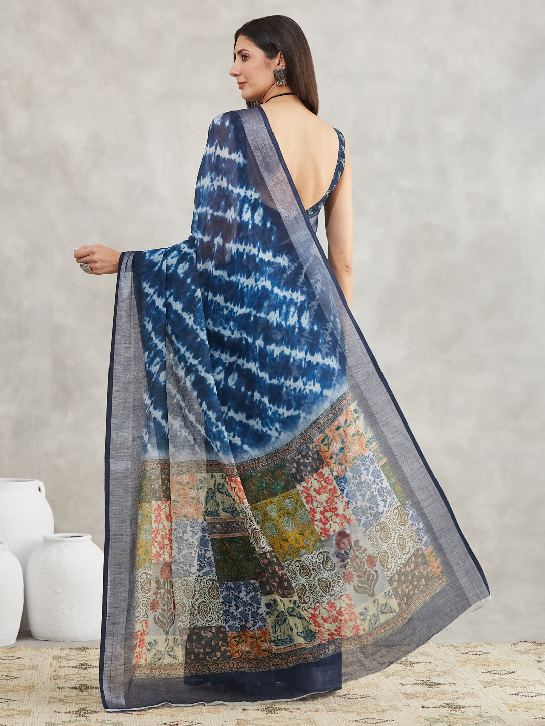 Janasya Indigo Linen Blend Tie & Dye Printed Saree | Swadesiicart