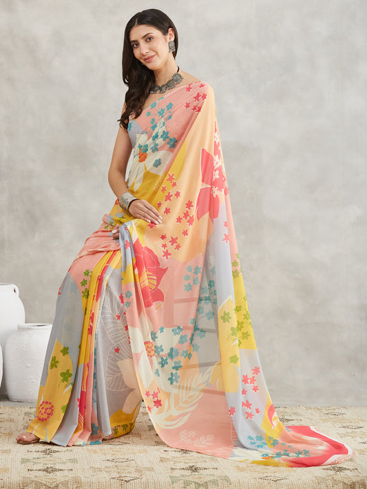 Janasya Multicolor Georgette Floral Printed Saree | Swadesiicart