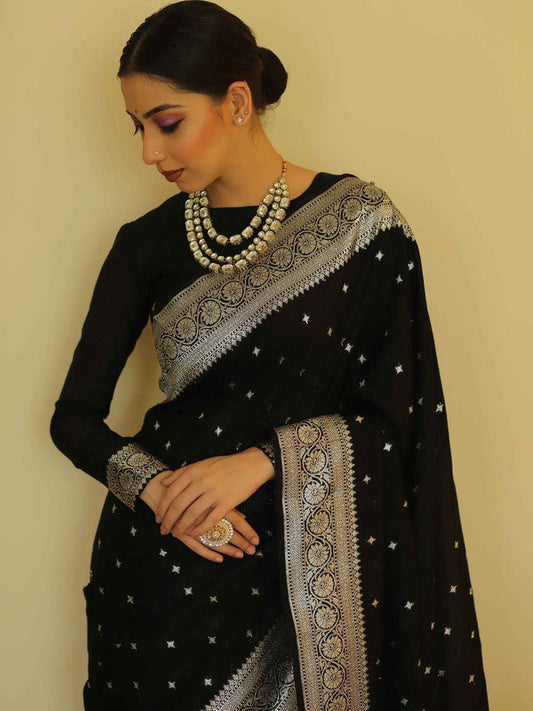 NOZ2TOZ Women Banarasi Silk Woven Saree With Blouse Piece - Black | Swadesiicart