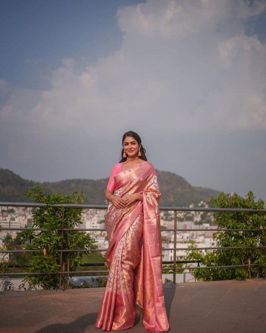 NOZ2TOZ Women Banarasi Silk Woven Saree With Blouse Piece - Pink | Swadesiicart