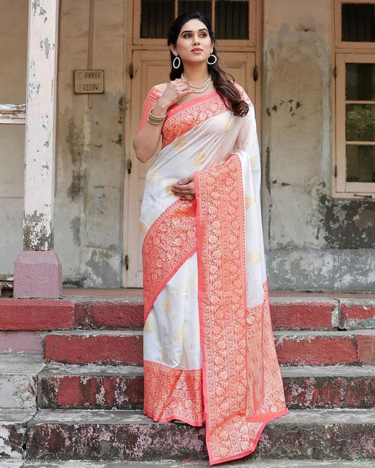 NOZ2TOZ Women Banarasi Silk Woven Saree With Blouse Piece - white | Swadesiicart