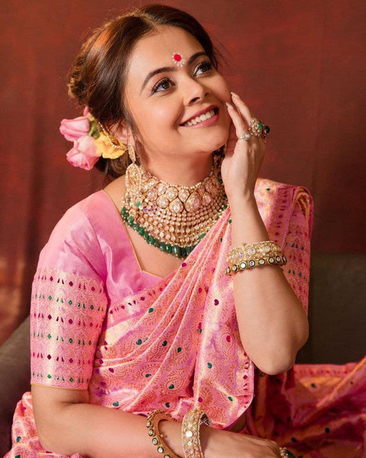 NOZ2TOZ Women Banarasi Silk Woven Saree With Blouse Piece - Pink | Swadesiicart