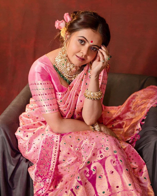 NOZ2TOZ Women Banarasi Silk Woven Saree With Blouse Piece - Pink | Swadesiicart