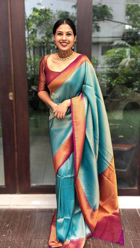 NOZ2TOZ Women Banarasi Silk Woven Saree With Blouse Piece - Sky Blue | Swadesiicart