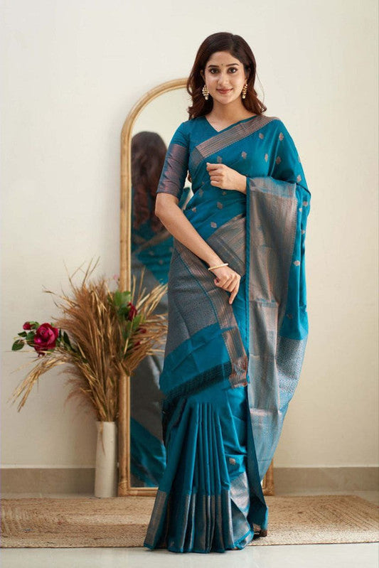 NOZ2TOZ Women Banarasi Silk Woven Saree With Blouse Piece - Firozi | Swadesiicart
