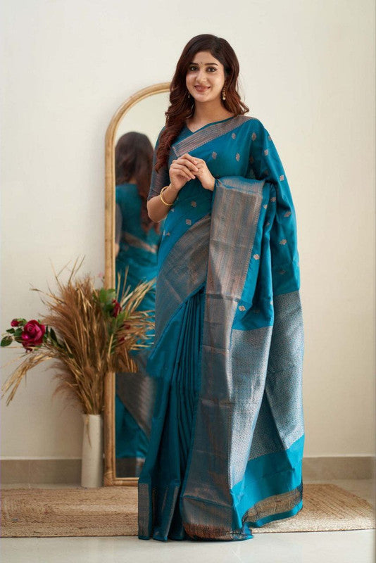 NOZ2TOZ Women Banarasi Silk Woven Saree With Blouse Piece - Firozi | Swadesiicart