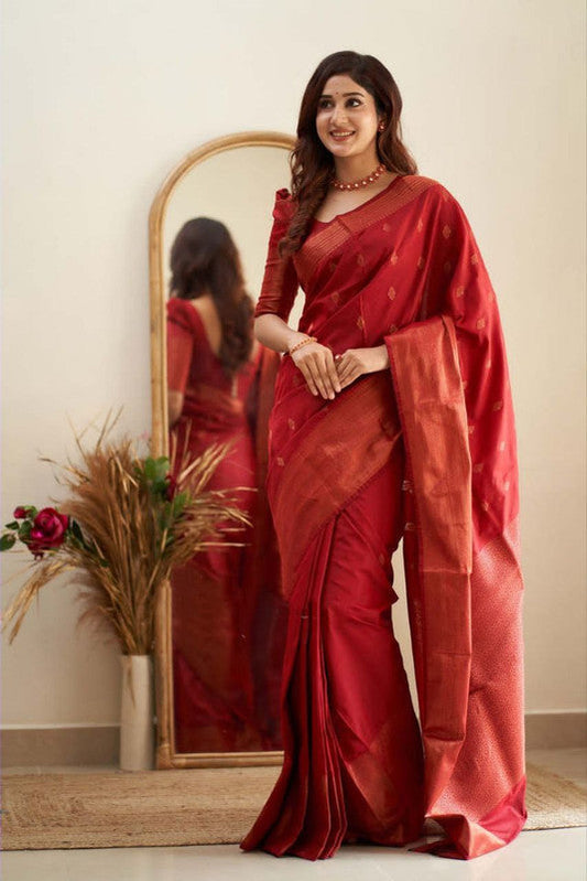 NOZ2TOZ Women Banarasi Silk Woven Saree With Blouse Piece - Red | Swadesiicart