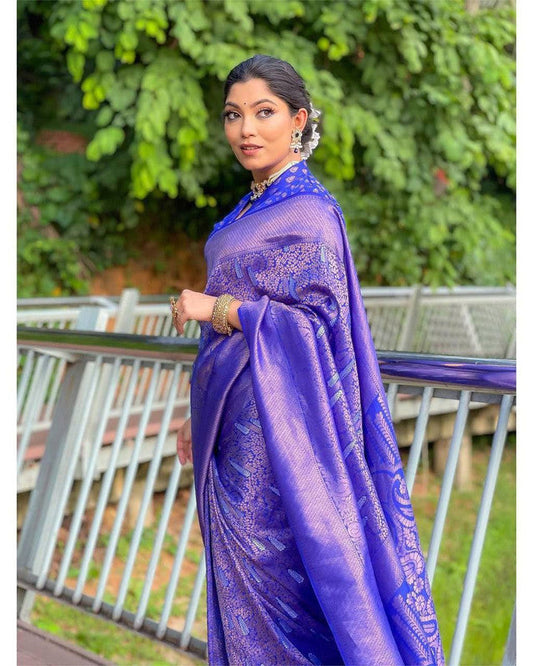 NOZ2TOZ Women Banarasi Silk Woven Saree With Blouse Piece - Blue | Swadesiicart