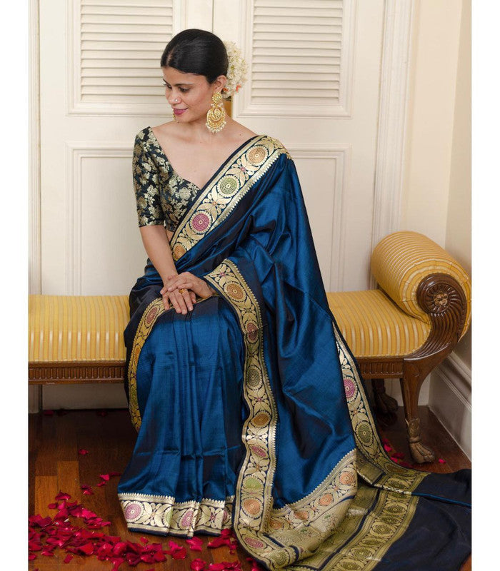 NOZ2TOZ Women Banarasi Silk Woven Saree With Blouse Piece - Blue | Swadesiicart