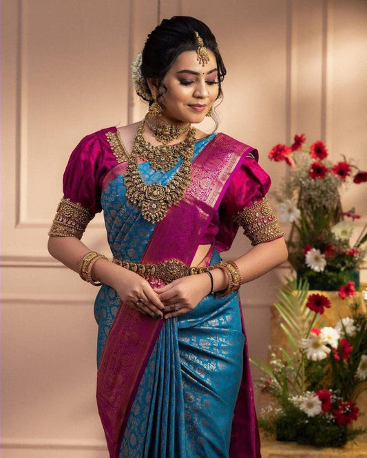 NOZ2TOZ Women Banarasi Silk Woven Saree With Blouse Piece - Sky Blue | Swadesiicart