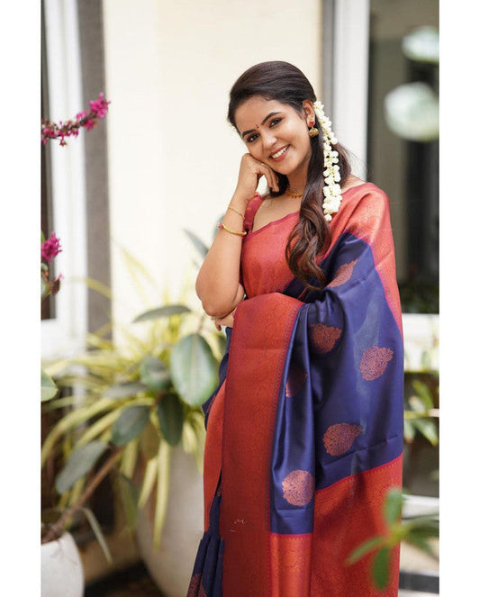 NOZ2TOZ Women Banarasi Silk Woven Saree With Blouse Piece - Navy Blue | Swadesiicart