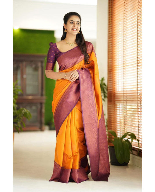 NOZ2TOZ Women Banarasi Silk Woven Saree With Blouse Piece - Yellow | Swadesiicart