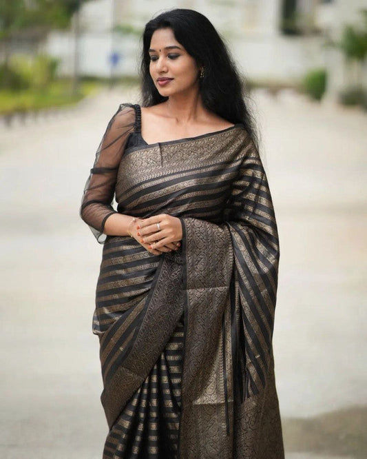 NOZ2TOZ Women Banarasi Silk Woven Saree With Blouse Piece - Black | Swadesiicart
