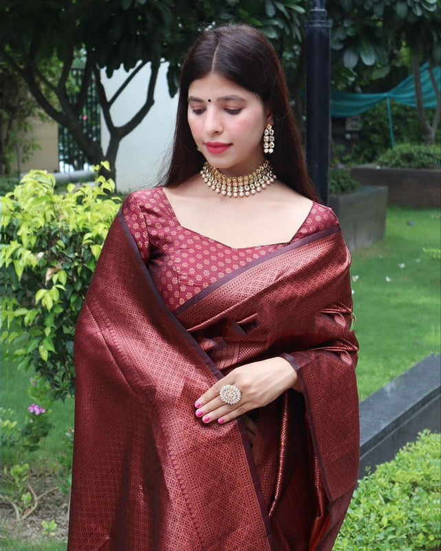 NOZ2TOZ Women Banarasi Silk Woven Saree With Blouse Piece - Maroon | Swadesiicart