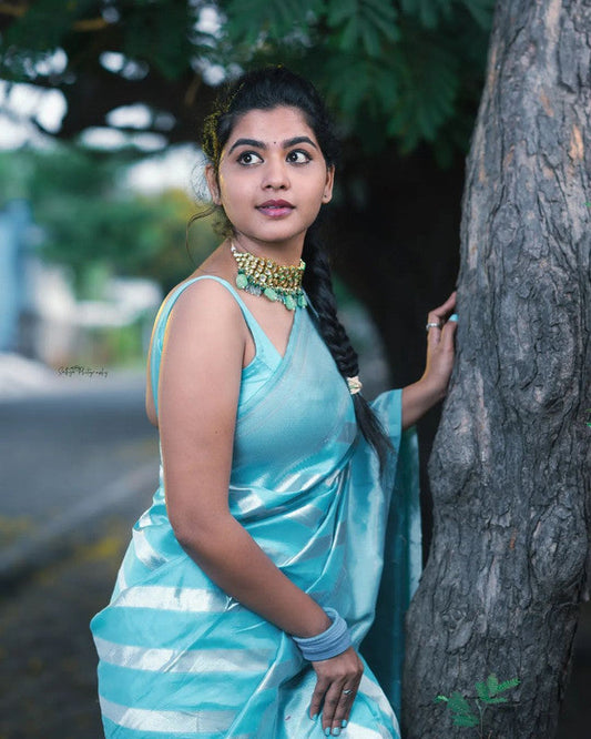 NOZ2TOZ Women Banarasi Silk Woven Saree With Blouse Piece - Sky Blue | Swadesiicart