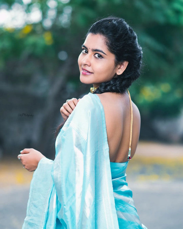 NOZ2TOZ Women Banarasi Silk Woven Saree With Blouse Piece - Sky Blue | Swadesiicart
