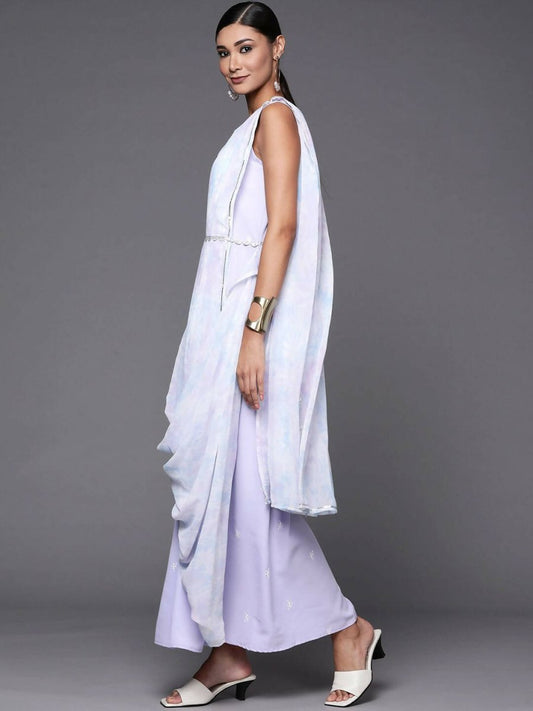 Ahalyaa Blue & White Floral Print Ethnic Maxi Dress with Attached Dupatta | Swadesiicart