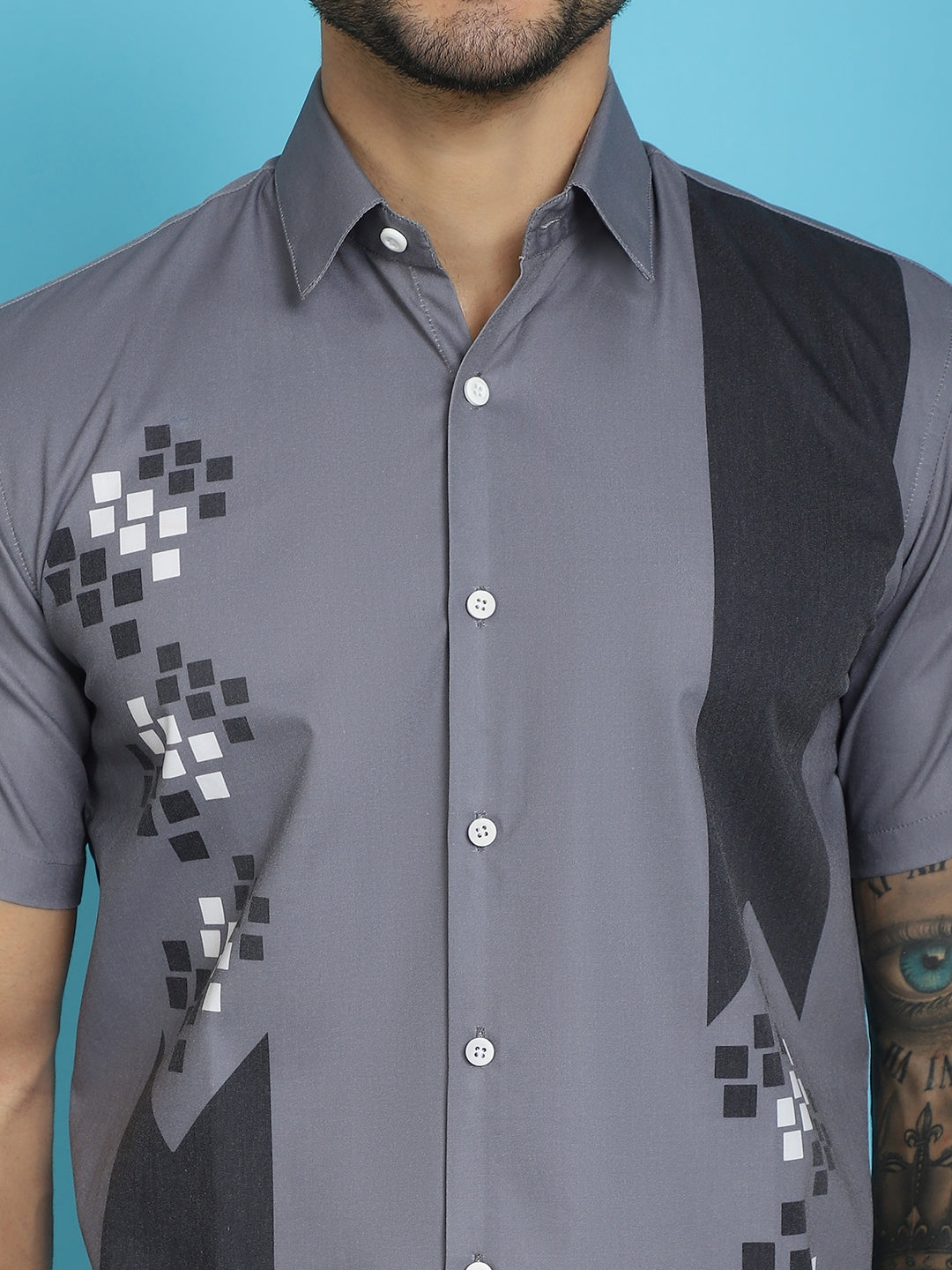 Indian Needle Men's Printed Half Sleeve Lycra Shirt - Grey | Swadesiicart