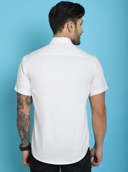 Indian Needle Men's Printed Half Sleeve Lycra Shirt - White | Swadesiicart