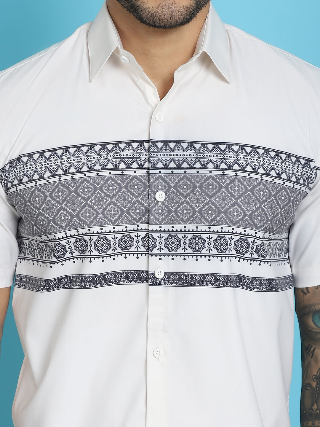 Indian Needle Men's Printed Half Sleeve Lycra Shirt - White | Swadesiicart