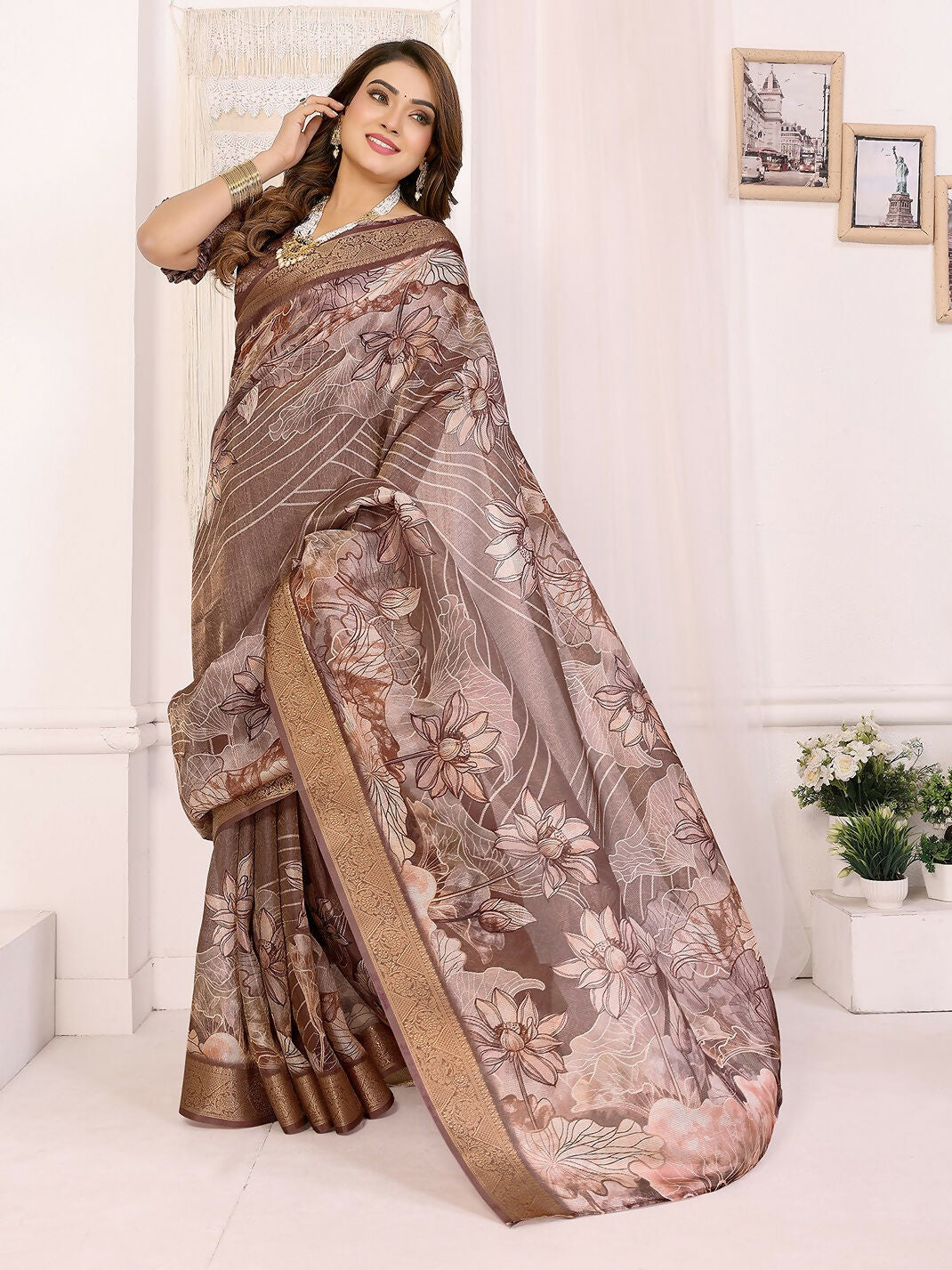 Joban Fashion Brown Floral Print pattern Banarasi Silk Sarees | Swadesiicart