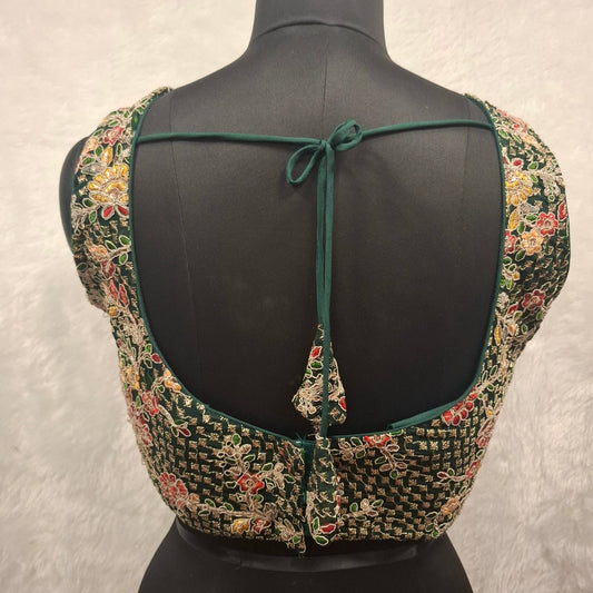 Kia Fashions Bottle Green Georgette Multi Color Emb & Sqn Readymade Blouse - Swadesiicart