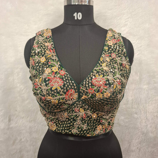 Kia Fashions Bottle Green Georgette Multi Color Emb & Sqn Readymade Blouse - Swadesiicart