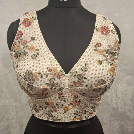 Kia Fashions White Georgette Multi Color Emb & Sqn Readymade Blouse - Swadesiicart