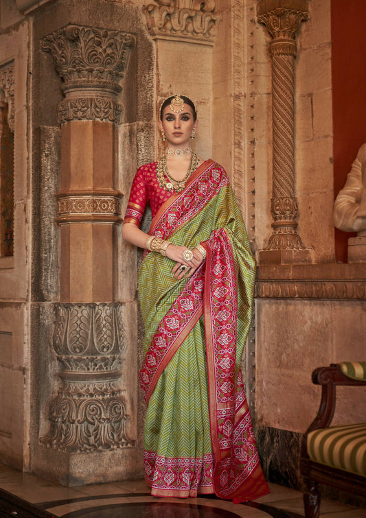 Olive Green Banarasi Weaving, Ultra Aqua Finish, Zari Work Banarasi Silk Saree - Rath Kunti - Swadesiicart