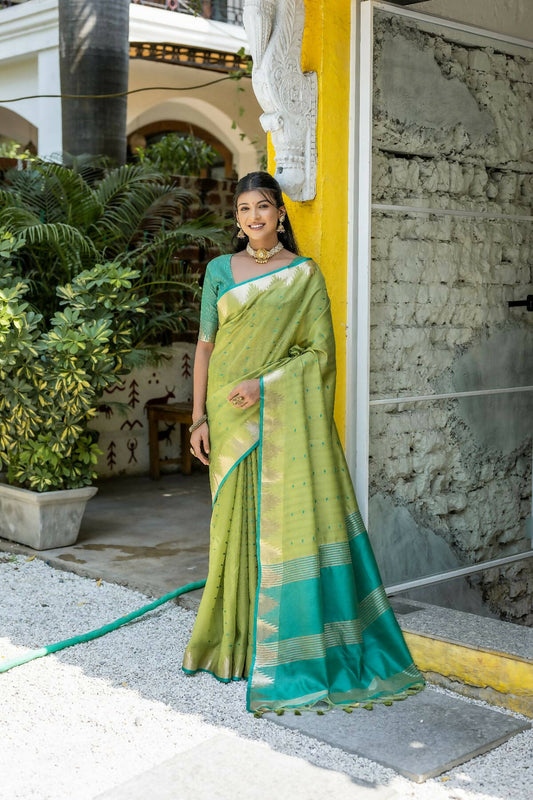 Vishnu Weaves Women's Pista Raw Silk Zari Woven Saree with Blouse - Swadesiicart