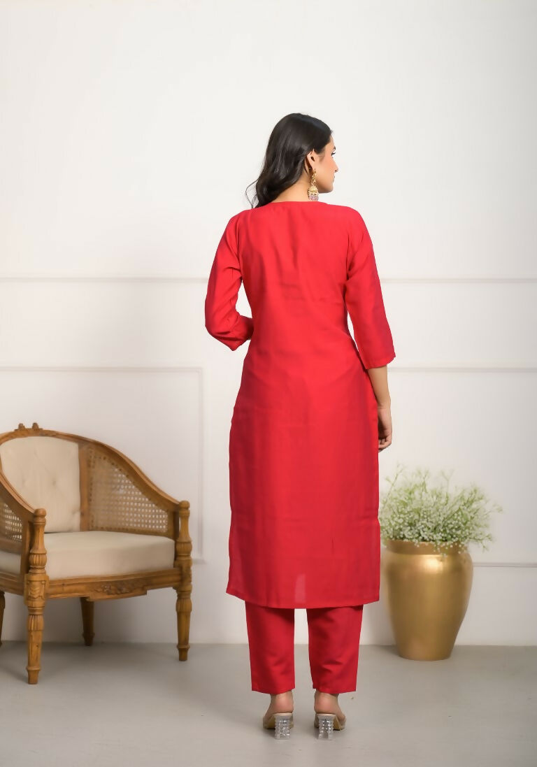 Festive Wear Ethnic Red Viscose Chanderi Stitched Suit With Dupatta - Tanisha | Swadesiicart