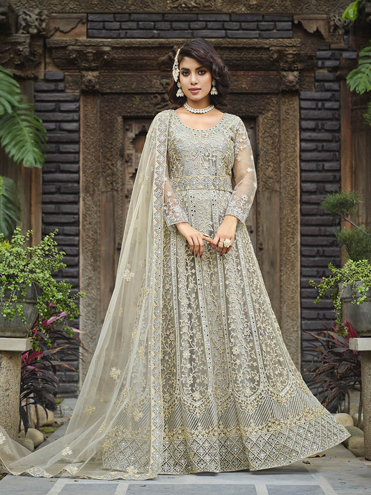 Myra Dusty Grey Butterfly Net Heavy Embroidered Designer Anarkali Suit | Swadesiicart
