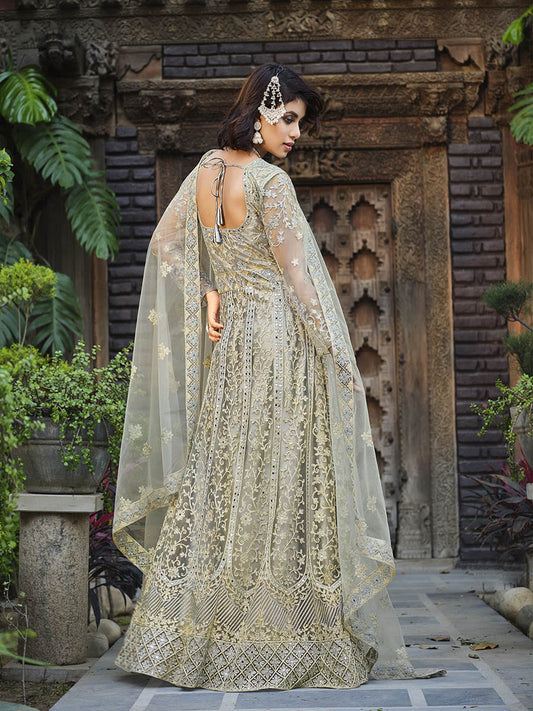 Myra Dusty Grey Butterfly Net Heavy Embroidered Designer Anarkali Suit | Swadesiicart