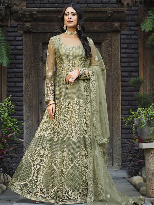 Myra Dusty Beige Butterfly Net Heavy Embroidered Designer Anarkali Suit | Swadesiicart
