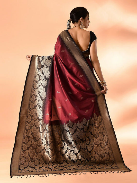 Joban Fashion Maroon & Black Plain With Weaving Border Banarasi Silk Sarees | Swadesiicart