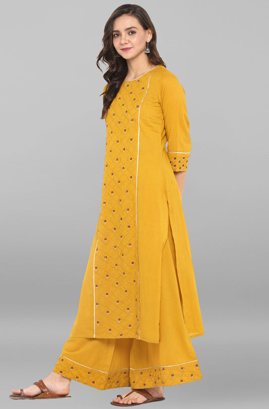 Janasya Women's Mustard Cotton Embroidered Kurta With Palazzo | Swadesiicart