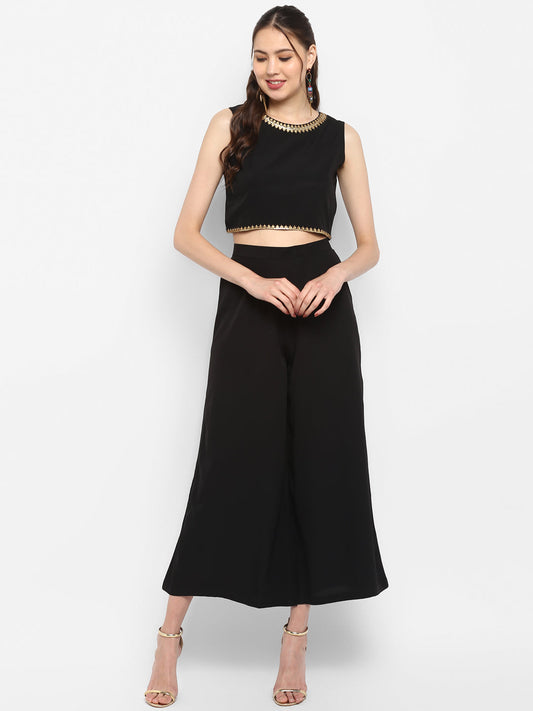 Janasya Black Poly Crepe Gold Print Set | Swadesiicart