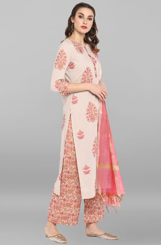 Janasya Women's Lilac Cotton Block Print Kurta With Palazzo And Dupatta | Swadesiicart