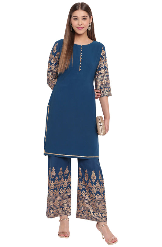 Janasya Teal Poly Crepe Printed Set | Swadesiicart