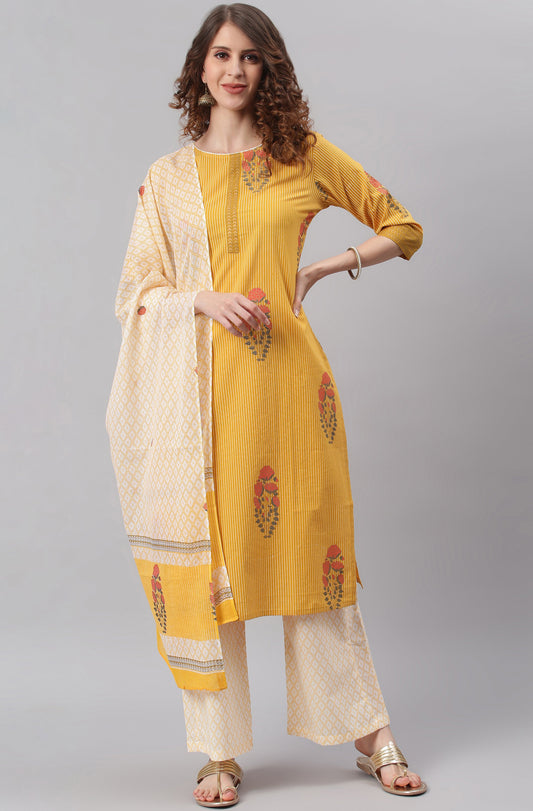 Janasya Women's Yellow Cotton Striped Kurta With Palazzo And Dupatta | Swadesiicart