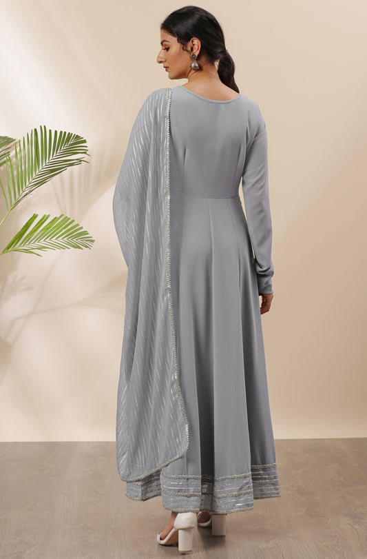 Janasya Women's Grey Poly Georgette Solid Kurta With Dupatta | Swadesiicart