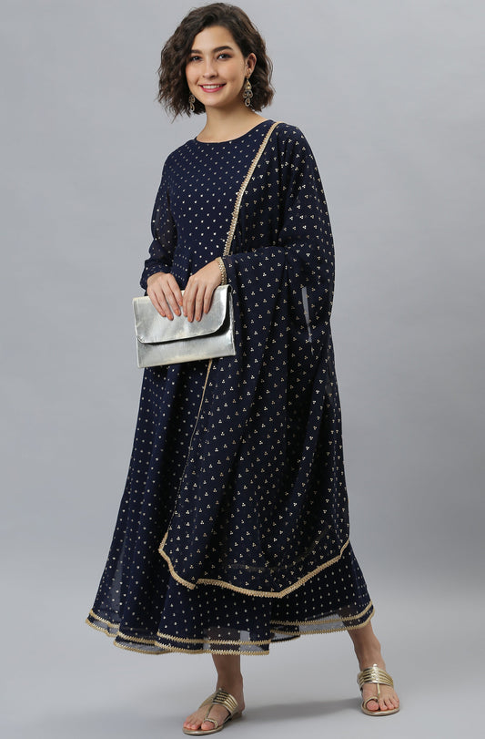Janasya Women's Navy Blue Poly Georgette Foil Print Kurta With Dupatta | Swadesiicart