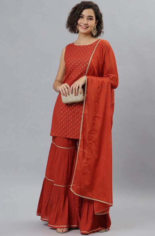Janasya Women's Orange Rayon Foil Print Kurti With Sharara And Dupatta | Swadesiicart