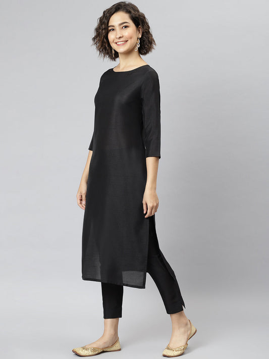 Janasya Women's Black Poly Silk Solid Straight Casual Kurta Set | Swadesiicart