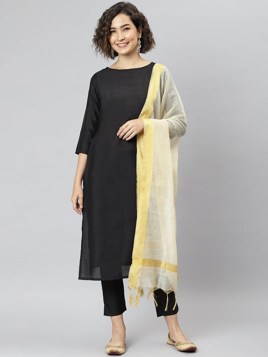 Janasya Women's Black Poly Silk Solid Straight Casual Kurta Set | Swadesiicart