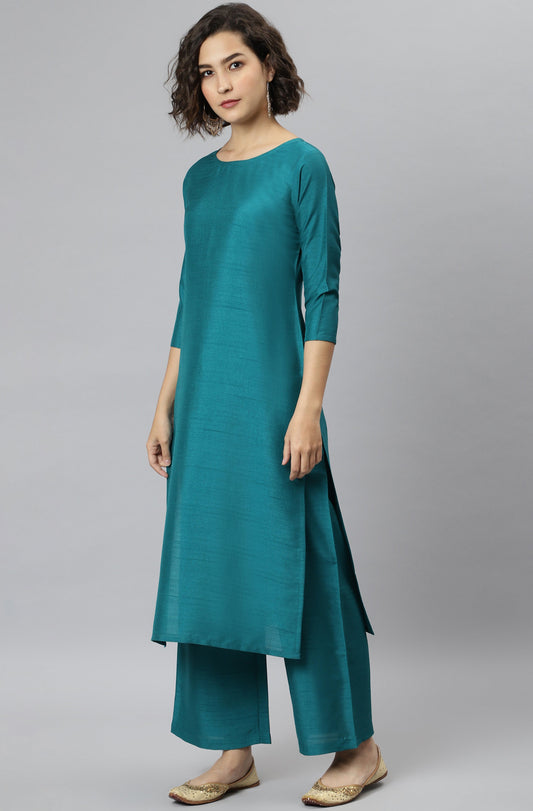Janasya Women's Teal Poly Silk Solid Straight Casual Kurta Set | Swadesiicart