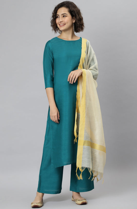 Janasya Women's Teal Poly Silk Solid Straight Casual Kurta Set | Swadesiicart