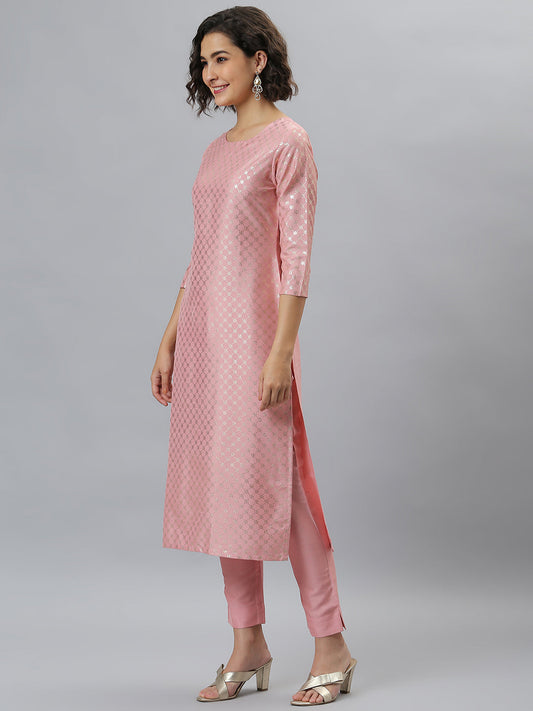 Janasya Women's Pink Poly Silk Floral Printed Straight Party Kurta Set - Swadesiicart