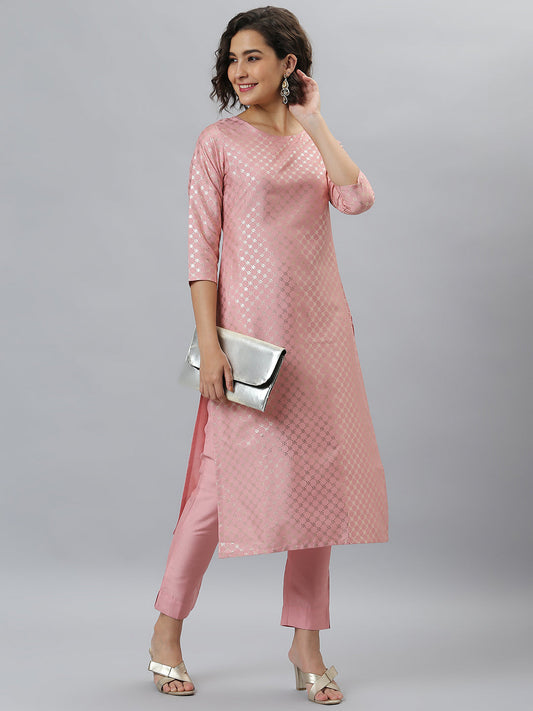Janasya Women's Pink Poly Silk Floral Printed Straight Party Kurta Set - Swadesiicart
