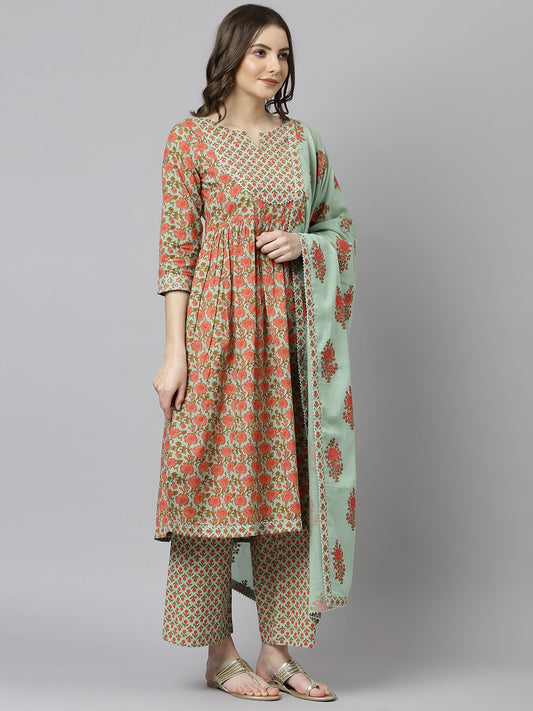 Janasya Women's Light Green Cotton Floral Print Kurta With Palazzo And Dupatta | Swadesiicart